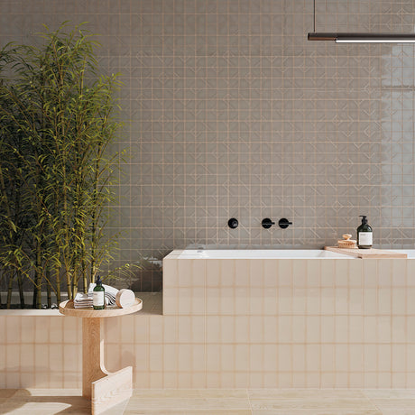 WOW Yoko Pewter room setting with flat and Origami gloss ceramic wall tiles, paired with flat Daisy tiles