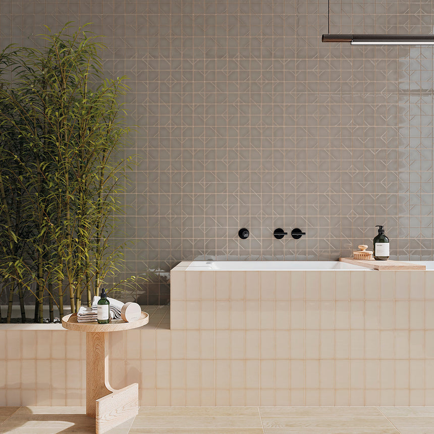 WOW Yoko Pewter room setting with flat and Origami gloss ceramic wall tiles, paired with flat Daisy tiles