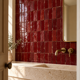 Burgundy Red Bejmat feature wall design illustration with handmade texture and limestone vanity