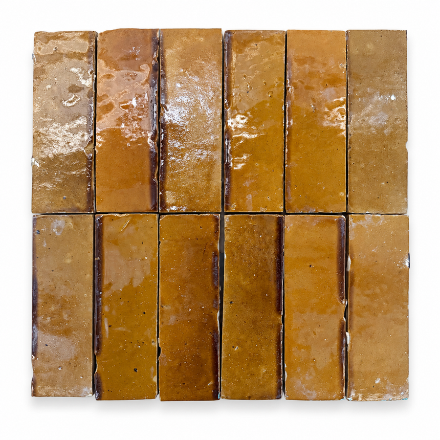 Zellige Bejmat Caramel 50x150mm Gloss Hand Made Moroccan Tile showing tile variation