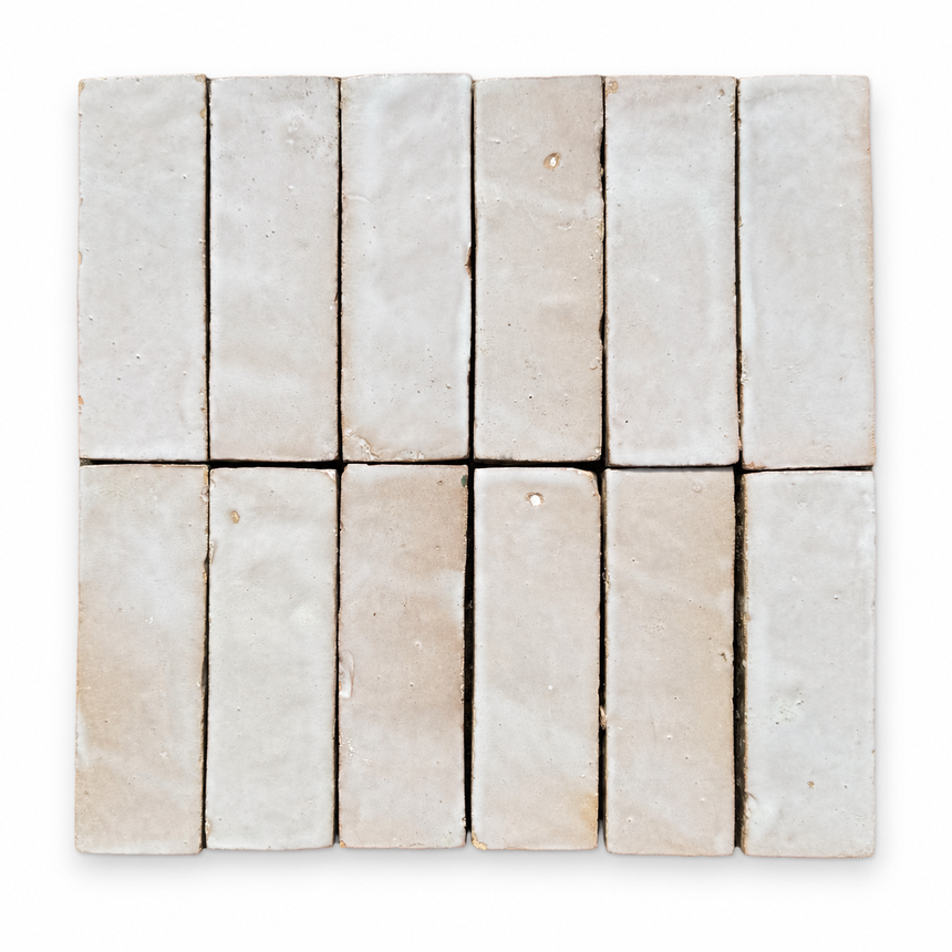 Zellige Bejmat Ecru 50x150mm Gloss Hand Made Moroccan Tile showing tile variation