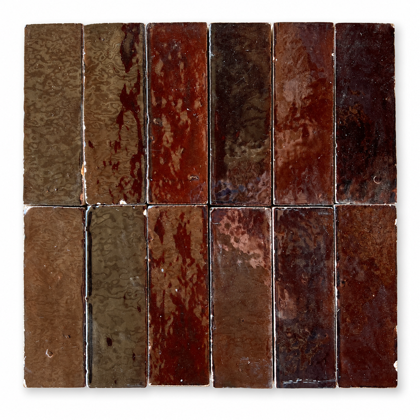 Zellige Bejmat Marron 50x150mm Gloss Hand Made Moroccan Tile showing tile variation