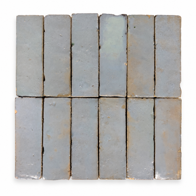 Zellige Bejmat Sky Blue 50x150mm Gloss Hand Made Moroccan Tile showing tile variation