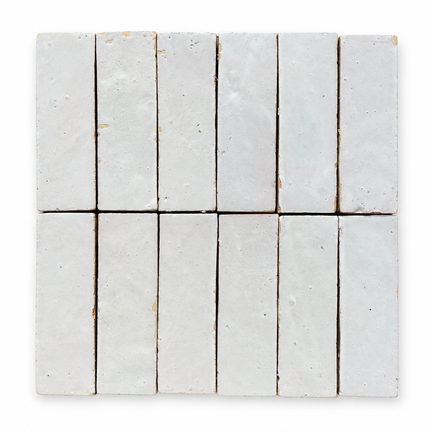 Zellige Bejmat Snow 50x150mm Gloss Hand Made Moroccan Tile showing tile variation