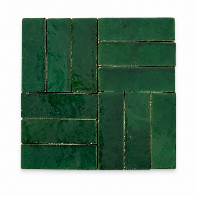 Zellige Bejmat Verde 50x150mm Gloss Hand Made Moroccan Tile showing tile variation